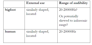 "Quick summary: the bigfoot and human external ear is similarly shaped and is located on either side of the head. Detecting the location of a sound will be a strength for both bigfoot and human. Being a large hominin with a large home range, it is possible bigfoot hearing may be capable of detecting sound in thresholds lower (infrasound) than man, but this is purely conjectural. Bigfoot has no ability to “zap” another living creature with infrasound and stun it as has been proposed by other researchers."